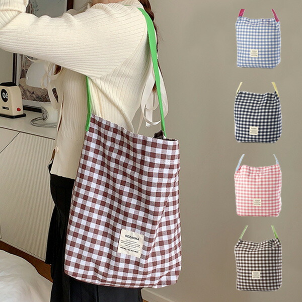 Tory Burch  ギンガムチェック ツイルトートバッグ 関税送料込 TORY BURCH】ツイル トートバッグ ギンガム柄＊関税送料込み