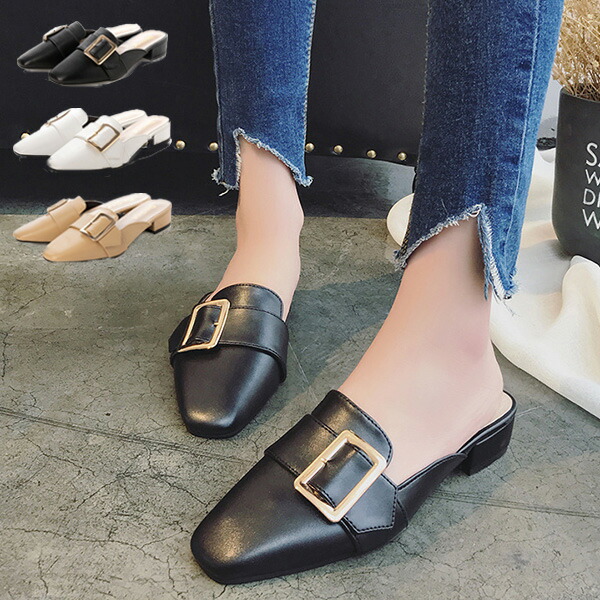 ミュール サンダル バックル ベルト ローヒール 疲れない オフィス 黒 Puレザー 合皮 シューズ 靴 レディース ブラック ホワイト ベージュ 最新アイテム