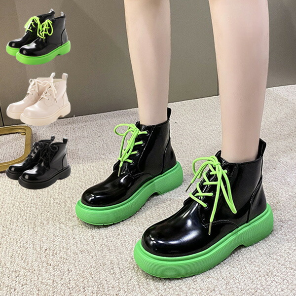 楽天市場】ブーツ ショート 厚底 黒 レースアップ 蛍光 韓国 合皮