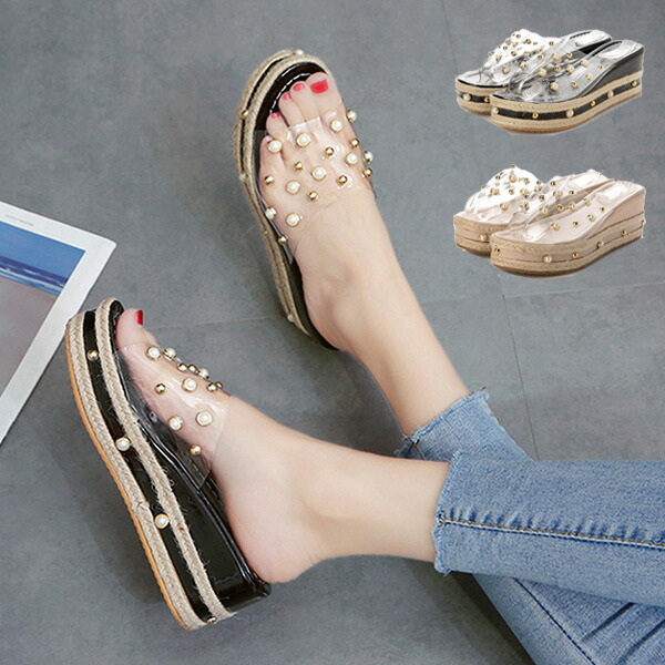 あした軽易調和 サンダル 厚底 ウェッジプシケー 歴歴たる パール スタッズ ジュート 踵 Pvc 韓国 シューズ 履きもの レディース ベージュ 黒いこと サンダル 厚底 ウェッジソール クリア パール スタッズ ジュート ヒール Pvc 韓国 シューズ 靴 レディース ベージュ