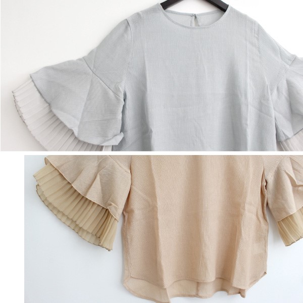 ジャージ ブラウス 5分舞台の袖 フレアスリーブ シフォン プリーツ ヤナギの木 透け感じ 無地 ティーシャツ トップス レディース 白いこと ベージュ サックス ネグロ Foxunivers Com
