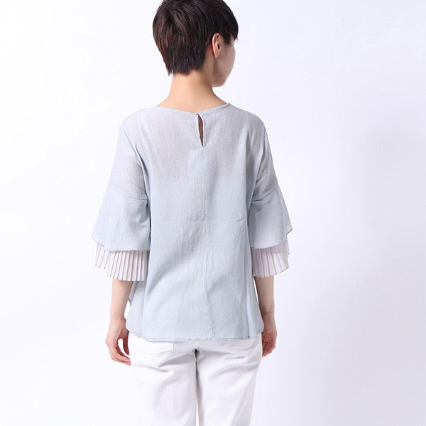 ジャージ ブラウス 5分舞台の袖 フレアスリーブ シフォン プリーツ ヤナギの木 透け感じ 無地 ティーシャツ トップス レディース 白いこと ベージュ サックス ネグロ Foxunivers Com