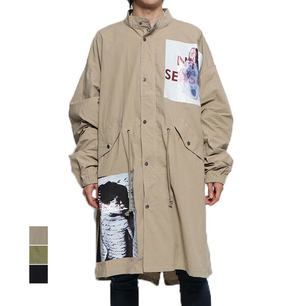 100 の保証 楽天市場 あす楽対応 送料無料 モッズコート ミリタリーコート ロングコート 長袖 ライトアウター スタンドカラー ビッグシルエット オーバーサイズ プリント フォト デコレーション コットン100 綿 アウター メンズ ベージュ オリーブ ブラック