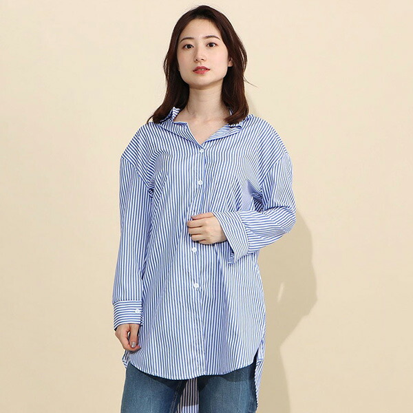 シャツ 長袖 ストライプ ロング 夏 オフィス レギュラーカラー コーデ トップス レディース ブルー Amedf Com Br
