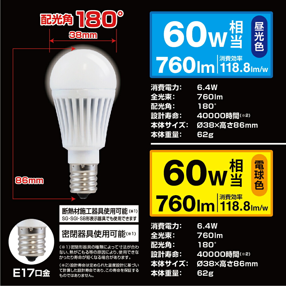 楽天市場 E17口金 Led電球 断熱材施工器具対応 小形電球 60w相当 昼光色 760lm 電球色 760lm 広配光 クリプトンタイプ Styled スタイルド Styledmart 楽天市場店