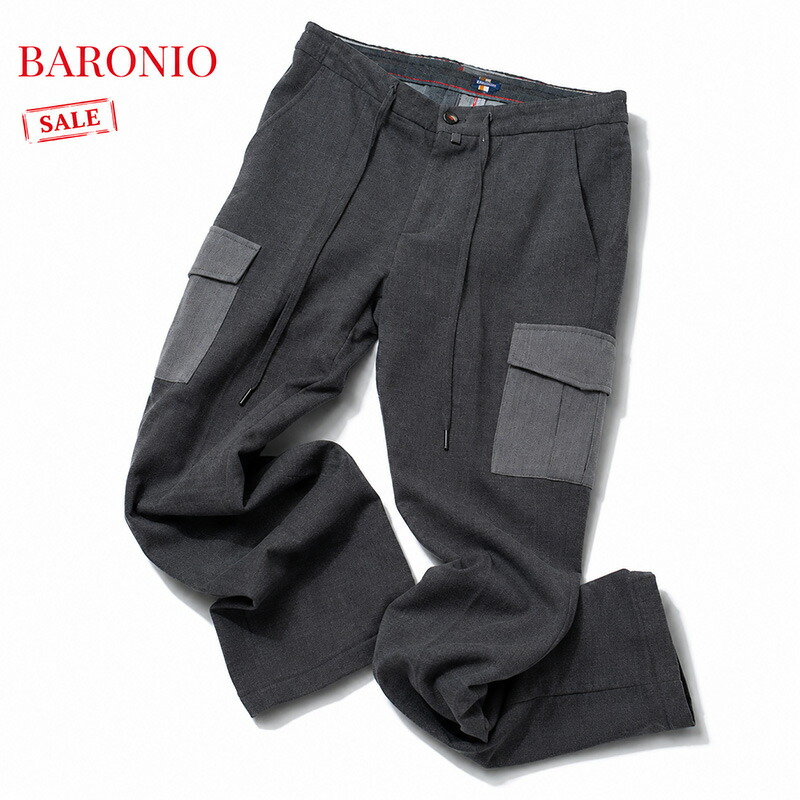 BARONIO | バローニョ 送料無料 カーゴ 速乾 春夏 パンツ ウエストゴム ストレッチ 美脚 ロールアップ 軽量 ゆったりウエストスピンドル イタリア製ストレッチ チャコールノータック メンズ カーゴパンツ