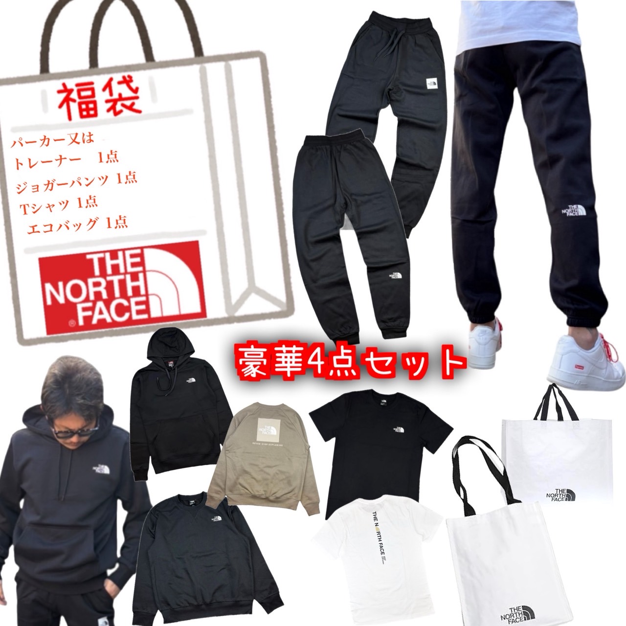 ザ 北の方人間の顔 福袋 晴れ晴れしい4点 パーカー 調教師 ティーシャツ ジョガーパンツ トートバッグ 4点書き割り お命のせんたく袋 THE NORTH FACE