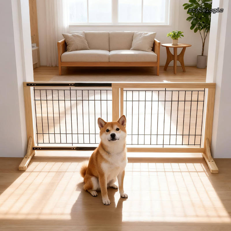 【送料無料】犬 高さ60CM 伸縮幅約85~155cm 木製 ベットフェンス 置くだけ 柵 室内 飛び出し防止柵 脱走防止 小型犬用 スムーズ ガイドレール付き|StyleLogic