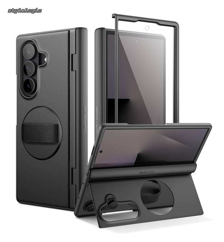 【送料無料】対応Samsung Galaxy Z Fold 7 ケース 360&deg;回転式ハンドストラップ、グリップホルダー、キックスタンド、スクリーンプロテクター、ヒンジ保護機能付き、スリムで頑丈な耐衝撃保護カバー ブラック｜StyleLogic
