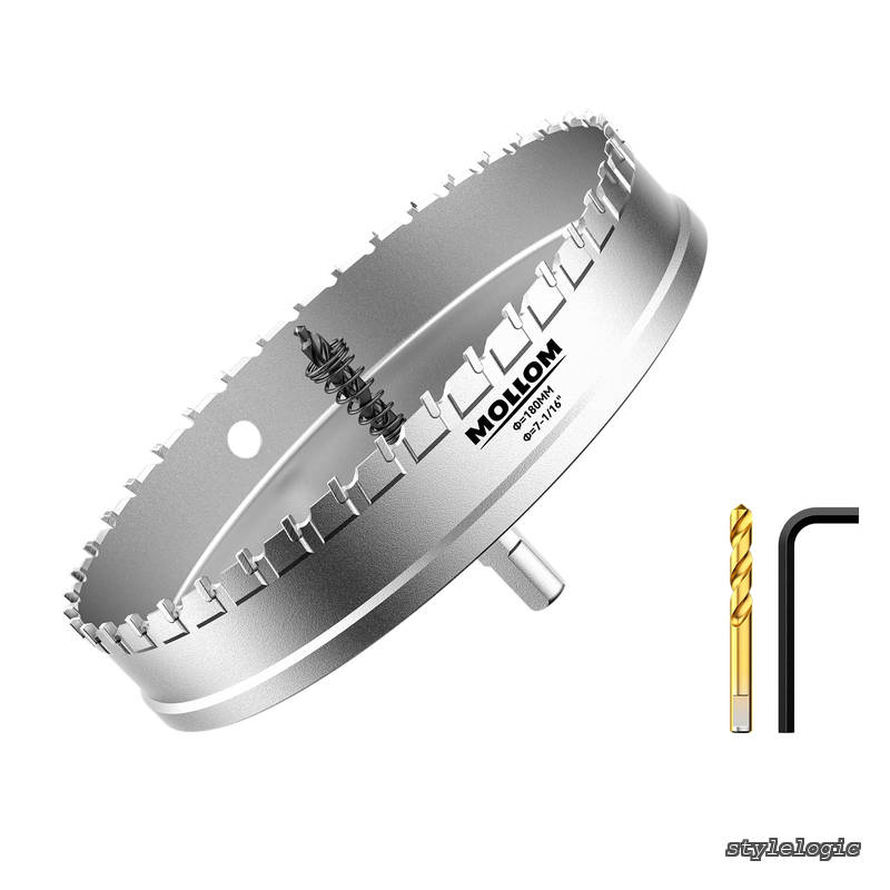 【送料無料】(7-1/16インチ | 180mm) 高耐久超硬ホールソー、パイロットドリルビット2個、ホールカッターはステンレス鋼、軟鋼、鉄、銅、真鍮、プラスチックをカットします|StyleLogic
