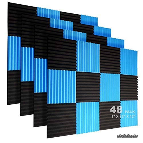 【送料無料】防音シート 2.5*30*30cm 防音 遮音 防音材 壁に貼る 消音 騷音 吸音パネル 吸音対策 樂器 室?裝飾 ウレタンフォーム ウェッジ 48枚入 (30*30*2.5cm 48枚 ブラック＆ブルー)｜StyleLogic