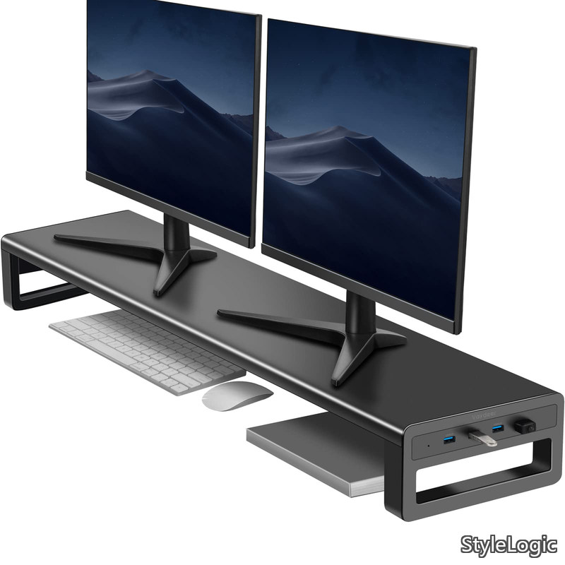 【送料無料】デュアル モニター台 机上台 USB3.0ポート搭載 モニタースタンド ディスプレイ台 パソコン台 デスク スタンド PC用 金属製 幅100cm｜StyleLogic