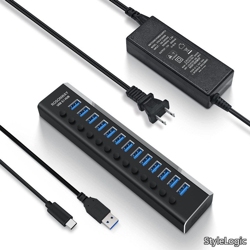 【送料無料】USB ハブ 3.1 Gen2 10Gbps 13ポートアルミ製 72W USB HUB セルフパワー USBケーブルとType Cケーブル 付き 12V/6A ACアダプタ 独立スイッチ 付き(RSH-A13)｜StyleLogic