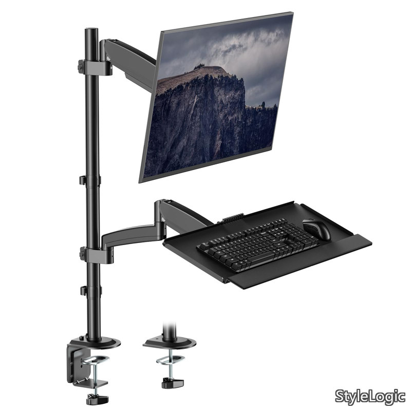 【送料無料】キーボードトレイ付き 省スペース設計 人間工学 VESA 100x100/75x75mm 17～32インチ対応 耐荷重9kg 多角度調節可能 ケーブル収納 ブラック｜StyleLogic