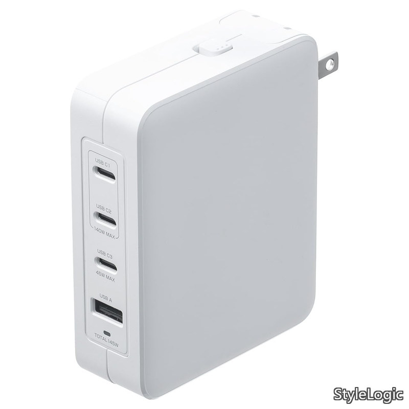 【送料無料】急速充電器 PD USB-C ×3 USB-A×1 合計最大145W 1ポート最大140W GaN(窒素ガリウム) 折りたたみ式プラグ ノートPC対応 USB 充電器 ホワイト 700-AC045W|StyleLogic