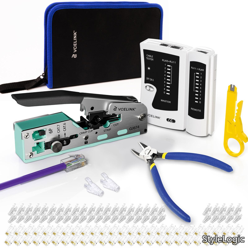 【貨物輸送無料】RJ45 かしめ手道具一揃いの道具 CAT7 CAT6A CAT6 CAT5E CAT5相応う ローカルエリアネットワークチェッカー 圧着手道具 細やかニッパー 突き刺さる式RJ45繋ぎ+保護すること押しかぶせる 50Pcs付き添い人 布製御徒面子に入り