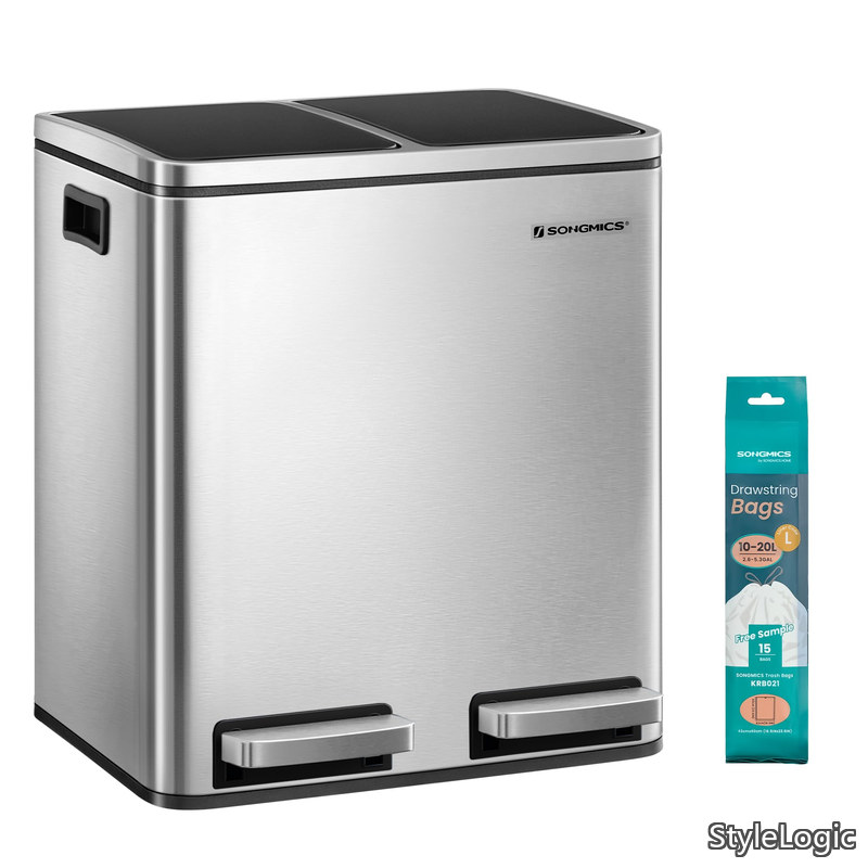 【貨物輸送無料】紙くずかご 砂ぼこりボックス席 ペダル式 2カテゴリー化 2x15L 蓋付き添い人 肌付き井戸釣瓶二つ ステンレス鋼 密閉 音皆無 今めかしい か細い キチン 室内 LTB30H