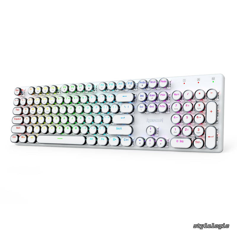【送料無料】K710 ワイヤレス タイプライター風 メカニカルキーボード 青軸【有線/BT/2.4GHz】テンキー付き 英語配列 RGBバックライト 丸型キー メタルパネル レトロ かわいい Windows/Mac対応(ホワイト)|StyleLogic
