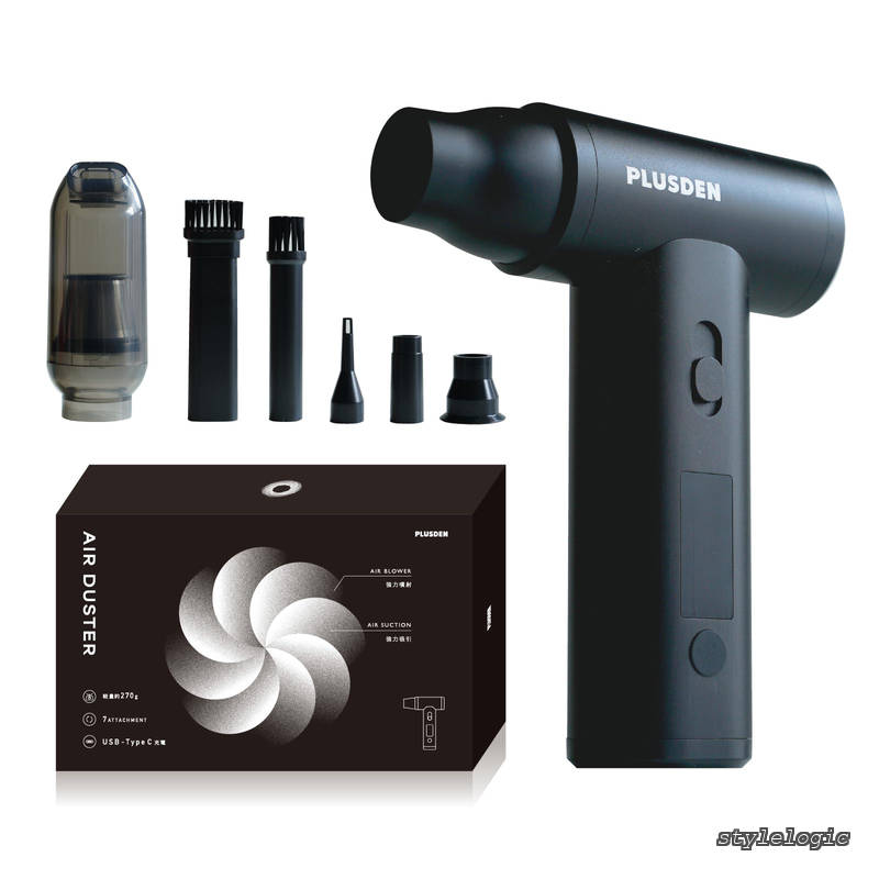 【送料無料】世田谷ベース 掲載！】PLUSDEN (プラスデン) エアダスター 2in1 噴射 &times; 吸引 機能搭載 スマホサイズで風速35m/s ブロアー 強力 充電式 PC掃除 キーボード カメラ 車内 アウトドアー (ブラック 小型)｜StyleLogic
