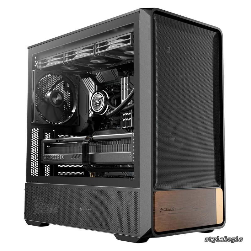 【送料無料】PCケース Air Cross ブラック 左サイドパネルに強化ガラスを搭載したデュアルエアフロー設計のATX対応PCケース Okinos Air Cross 木材(ウォルナット)のアクセントが特徴的なフロントパネル｜StyleLogic
