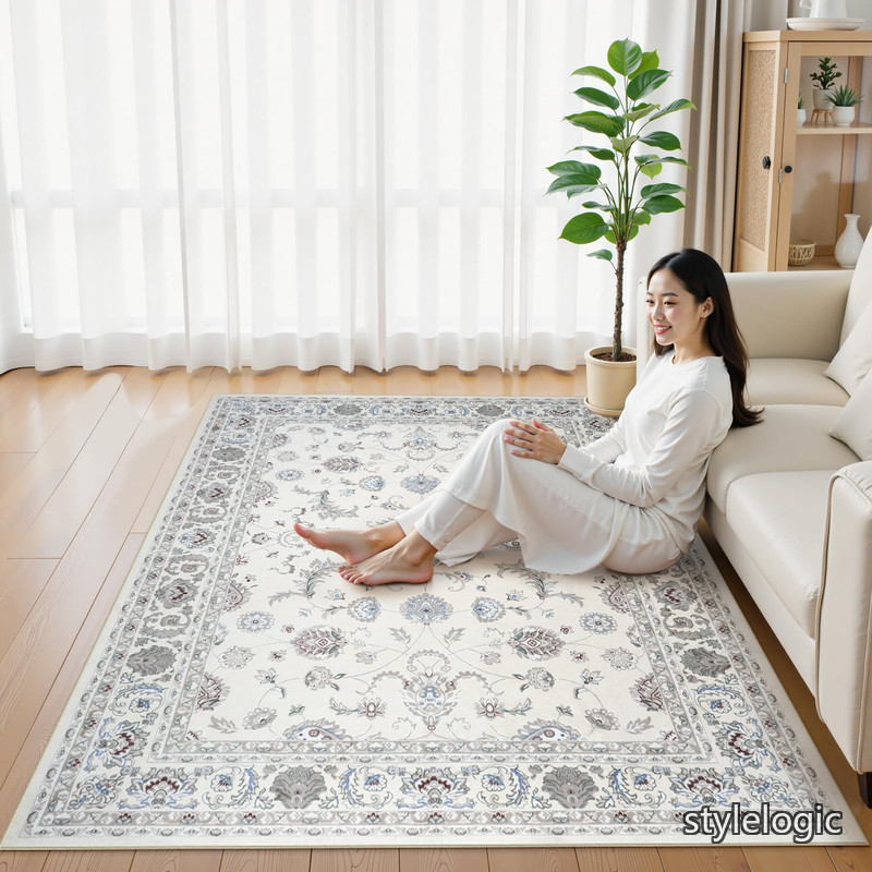 【送料無料】カーペット 200х250cm 3畳 滑り止め ホットカーペット対応 ペルシャ風 ラグ 洗える オールシーズン適用 花柄 防音 耐磨耗性 軽量 抗菌防臭 リビング ダイニング アンティーク ラグマット オフホワイト｜StyleLogic