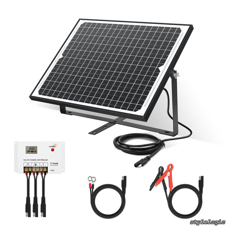 【送料無料】ソーラー発電キット 25W 単結晶 ソーラーパネル 25W + 10Aチャージーコントローラー SAEコネクタ 接続簡単 調整可能な取り付けブラケット! システム充電?蓄電対応 接続ケーブル付き 車 RV ボート 小屋 災害対策 固定するだけの簡単設置! ◆ リチウムイオンバッ|StyleLogic