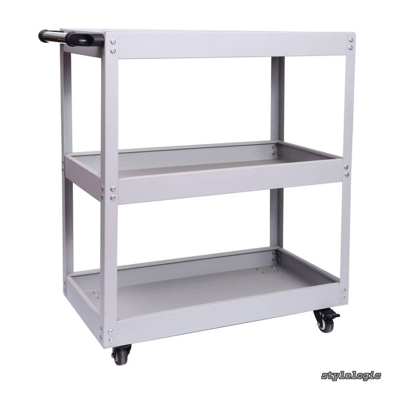 【送料無料】3段 キャスター付 グレー 耐荷重150KG 幅65.5CM×奥行36CM×高さ78.5CM 業務用 ハンドル ドライバーホール付 スチール製 工具ワゴン|StyleLogic