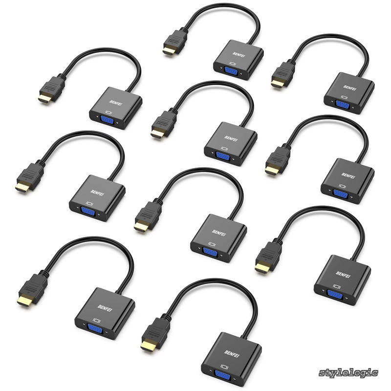 【送料無料】10個 HDMI-VGA(D-SUB)アダプター (オスからメス、逆方向に非対応) 1080pフルHD HDMI to VGAアダプタ コンピューター、デスクトップ、ノートパソコン、PC、モニター、プロジェクター、HDTV、Chromebook、Raspberry Pi、Rokuなどに - ブラック|StyleLogic