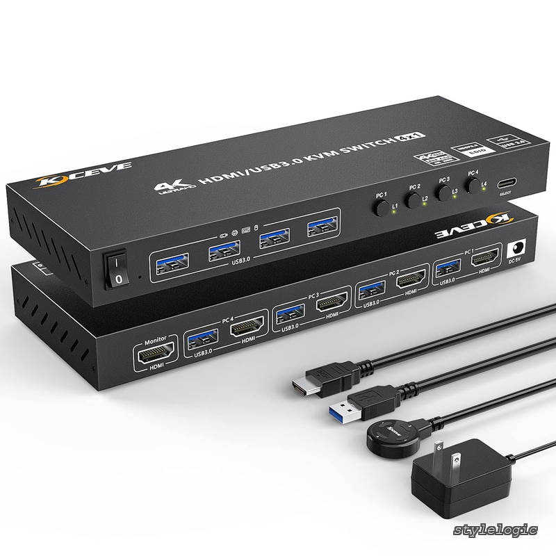 【送料無料】KVM切替器 4ポート、4入力1出力 PC切替器 4K@60Hz、4つUSB3.0ハブ備えたKVM HDMI 4ポートスイッチャー、EDID管理、ワイヤレスキーボード、マウスサポート｜StyleLogic