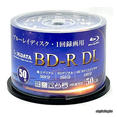 【送料無料】1回録画用 片面2層 1-4倍速 ブルーレイディスク 50GB スピンドルケース 50枚 ホワイトプリンタブル RiTEK BD-R DL BR260EPW4X.50SP|StyleLogic
