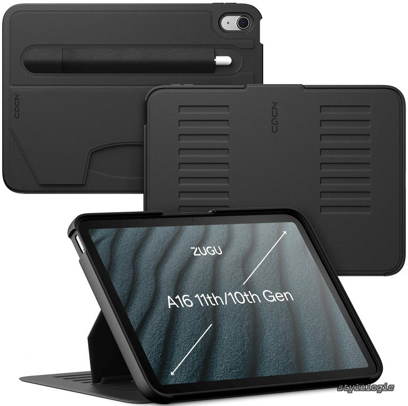 【送料無料】CASE iPad ケース A16 第11世代 (2025) & 第10世代 (2022) 10.9インチ 極薄 落下衝撃保護 ８段階 スタンド 機能 オートスリープ ペンホルダー スマートカバー (ブラック)｜StyleLogic