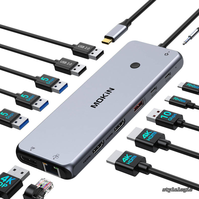 【送料無料】CドッキングステーションHDMI2つ【MOKIN 2*HDMI+DP三画面出力4K@60p MSTデュアル】type cドッキングステーション pc3台切り替え アルミ製 typec ハブ PD100W出力 2*USB C 10Gbps & 6*USBポートRJ45 3.5mmオ-ディオ/マイクMacBook Pro/Air Dell/HP/Lenovo/Linux対|StyleLogic