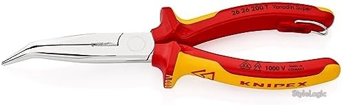 【送料無料】絶縁先曲ラジオペンチ 落下防止付き 200mm クロムメッキ仕上げ 1000V絶縁 VDEテスト済み 半丸口 横すじ入り 傘状切断 プロ用 安全設計｜StyleLogic 9,979円