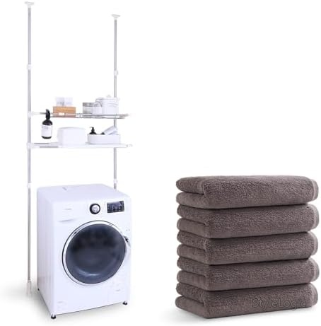【送料無料】【洗濯機ラック 突っ張り】 幅56~90cm対応 ステンレス製 耐荷重10kg 高さ200~270cm調整可 収納ラック タオル5枚セット付き 大容量収納 ふんわり吸収 綿100% フェイスタオル 34&times;80cm 洗面所 おしゃれ｜StyleLogic