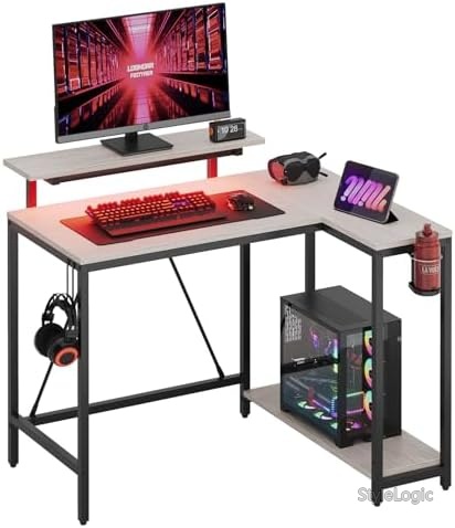 【送料無料】ゲーミングデスク L字 PCデスク 107-144cm コーナーデスク ラック付き おしゃれ ブラック グレー｜StyleLogic