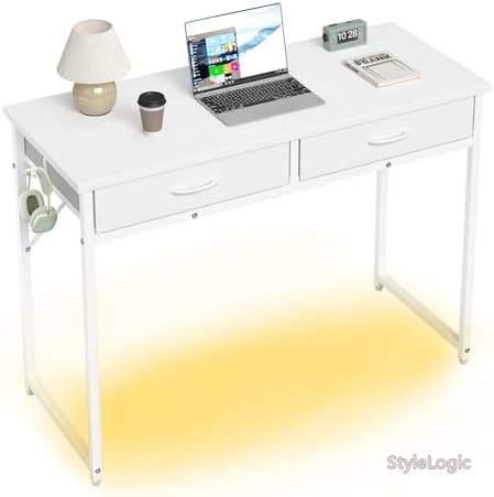 【送料無料】パソコンデスク 引き出し付き 幅106cm LEDライト付き ワークデスク 学習机 シンプル 収納 組立簡単 省スペース ホワイト｜StyleLogic