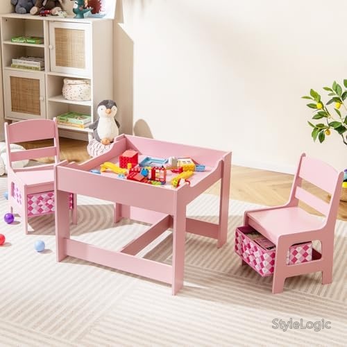 【送料無料】子ども用テーブル椅子3点セット 木製 収納バスケット付き 大容量収納 キッズデスク 学習机 絵本読み 絵かき ダイニング プレイセット 入園祝い ピンク|StyleLogic