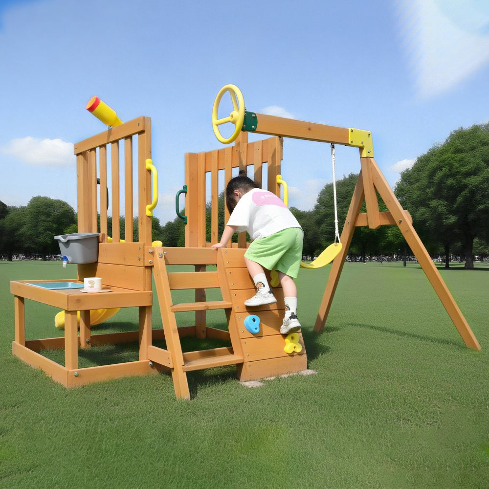 【レビュー投稿で5%OFFクーポン】木製大型遊具 滑り台 ブランコ セット 耐荷重50kg 天然木 スギ材 屋外用 クライミングストーン 望遠鏡 ハンドル プレイテーブル 子ども用 庭 大型遊具 3歳以上 EN71認証 安全設計 34,450円