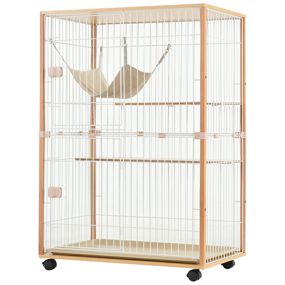 木製キャットケージ 2段/3段 おしゃれ 天然木 無垢材 大型猫対応 ハンモック付き 安定感あり スリム設計 多頭飼い キャスター付き ペットケージ 高級感 北欧風 インテリア