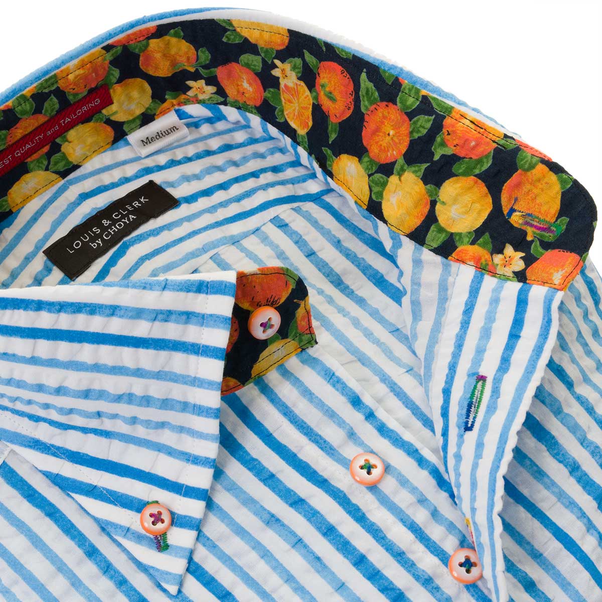 ドレスシャツ ワイシャツ シャツ メンズ 柄シャツ 派手シャツ カジュアルシャツ 大人 メンズシャツ きれいめ お洒落 可愛い デザイン 国産 長袖 綿100 ボタンダウン コンフォート 着丈短め 胸ポケット無 シアサッカー スカイブルマルチストライププリント 2109 Rld Sgcc Bm