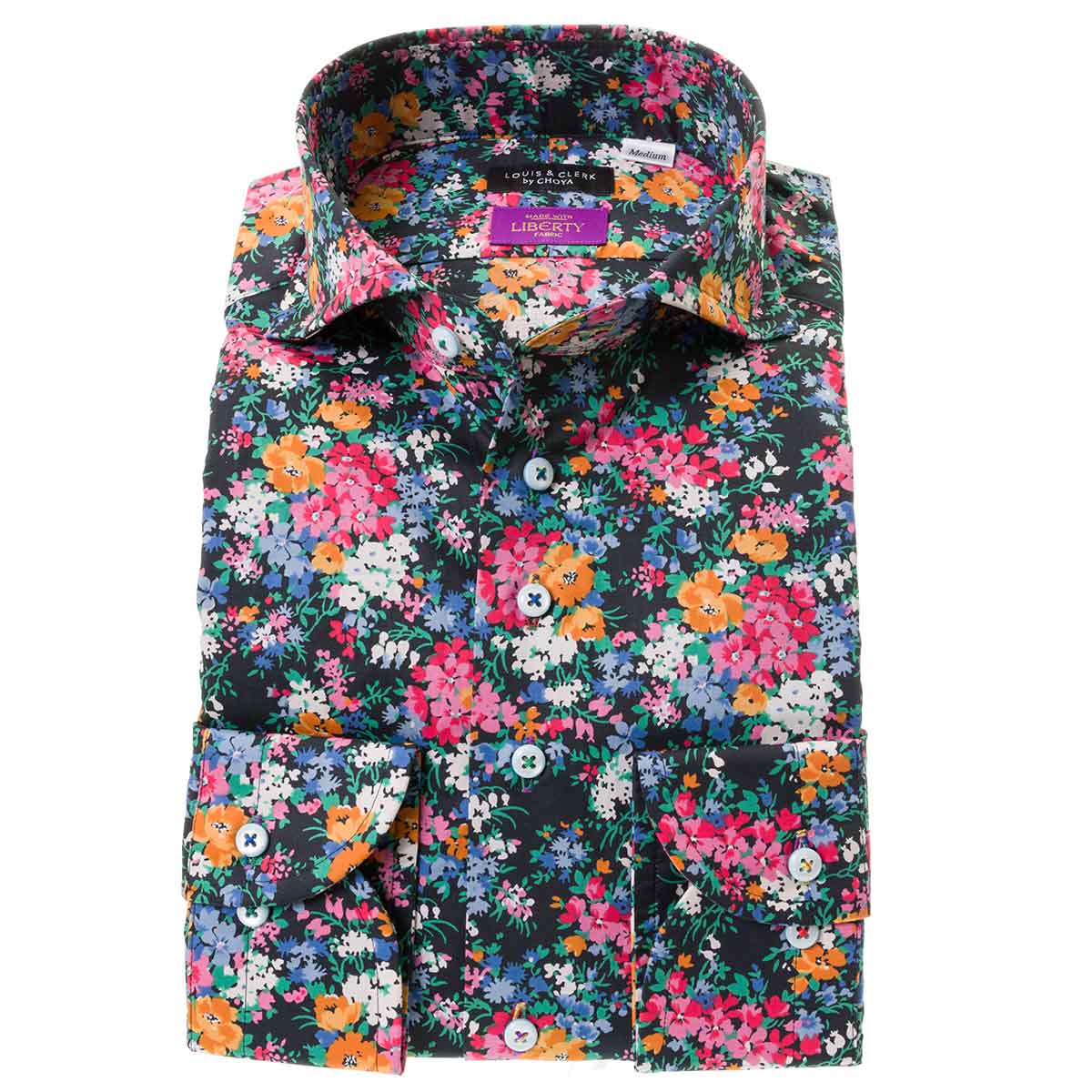 最先端 ワイシャツ リバティプリント コットンタナローン 国産長袖ドレスシャツ コンフォート 11 メンズ カッタウェイワイド 胸ポケット無 着丈短め ポピー デイジー シャドーブルー Dgb Gov Bf