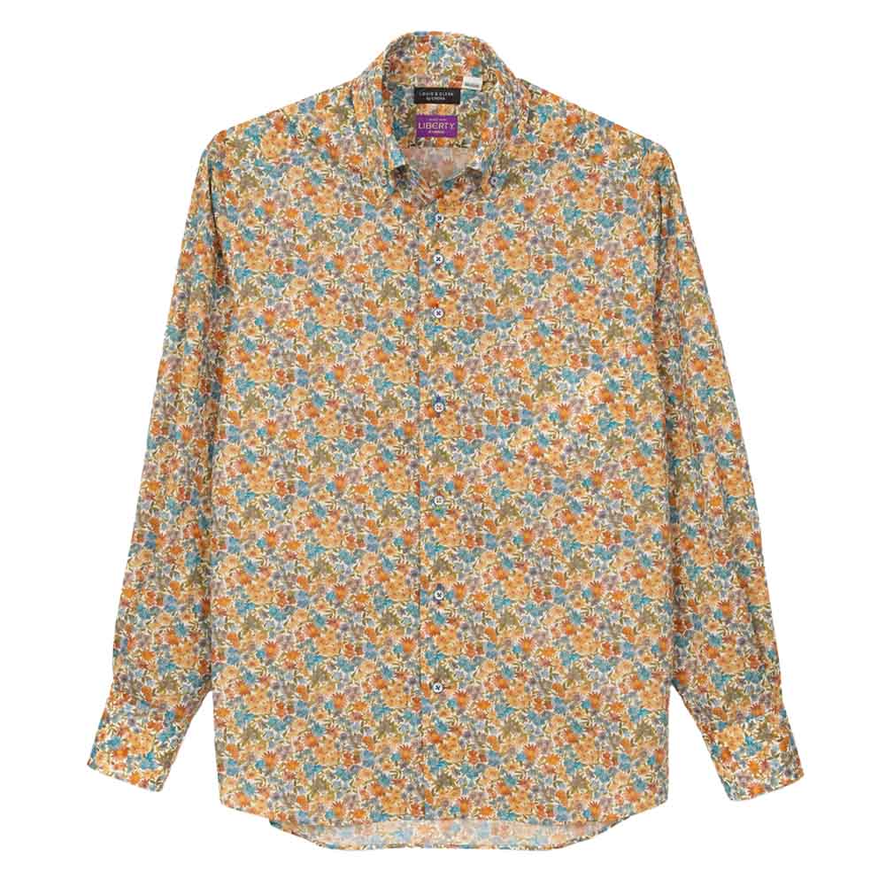 リバティプリント Liberty Fabrics サンドラ・スプリング タナローン Sandra Spring 青 黄 オレンジブルー イエロー 花柄 国産 綿100％ ドレスシャツ ボタンダウン レギュラーフィット 片ポケット有 2601tf 2603ft 2604ft
