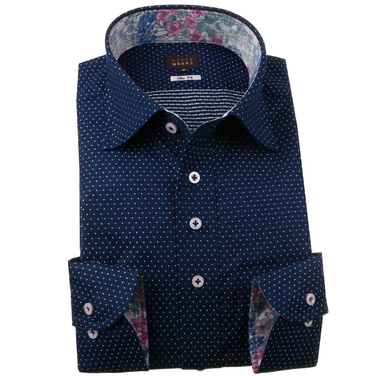 楽天市場 ドレスシャツ ワイシャツ シャツ メンズ 国産 長袖 スリムフィット 綿100 ワイドカラー ネイビー 紺 刺し子ホワイトドット 1910 Fs3gm メンズシャツ専門店 Style Works