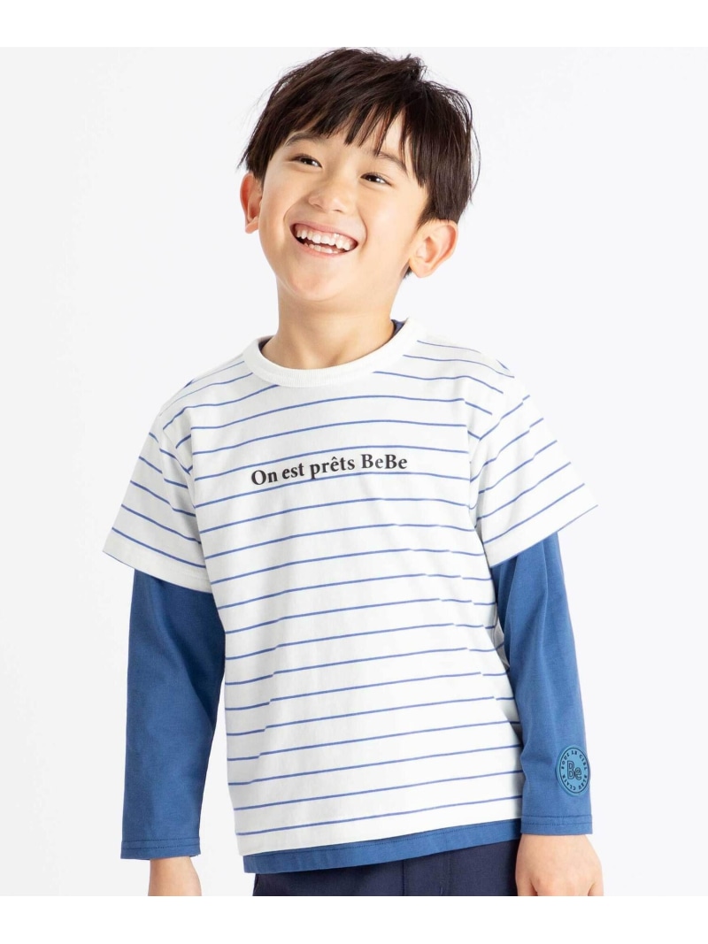 BeBe ボーダー半袖Tシャツ+長袖Tシャツセット(90~160cm) ベベ オンライン ストア トップス カットソー・Tシャツ ブルー グレー【送料無料】