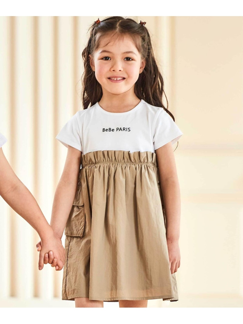 BeBe タフタ*天竺ギャザー切り替え半袖ワンピース(80~150cm) ベベ オンライン ストア ワンピース・ドレス ワンピース ピンク ベージュ【送料無料】