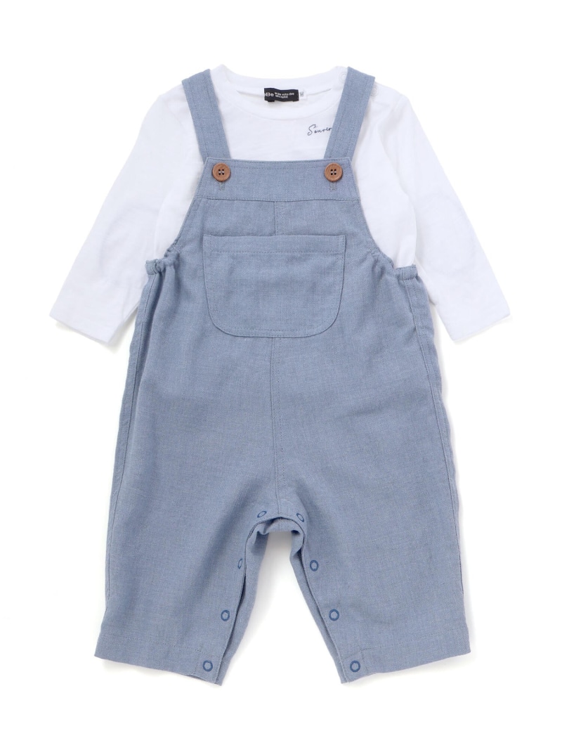 BeBe 平板天竺肘継ぎ切れ長袖プルオーバー+厚地の外套オール仕掛ける(80~90糎) ベベ オンライン バス発着場 オールインワン・厚地の外套櫂 オーバーオール・サロペット 青色 赤銅色【貨物輸送無料】