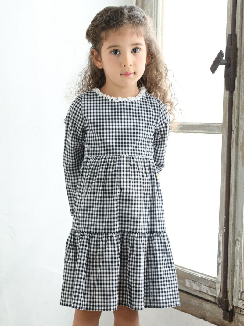 い出のひと時に とびきりのおしゃれを テンセル 付け衿 チュールレース Bebe 混 ブラック 送料無料 シャツワンピース ワンピース ストア オンライン ベベ ワンピース 90 150cm 長袖 ティアード ギンガム キッズ ベビー マタニティ Cc1046