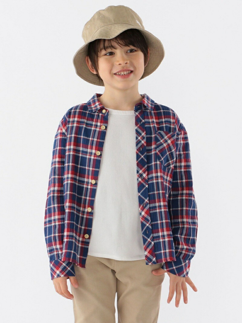 SHIPS KIDS 100~130cm KIDS:シャーリング シップス シャツ チェック トップス ネイビー ブラウス ブラウン  【レビューを書けば送料当店負担】 KIDS:シャーリング