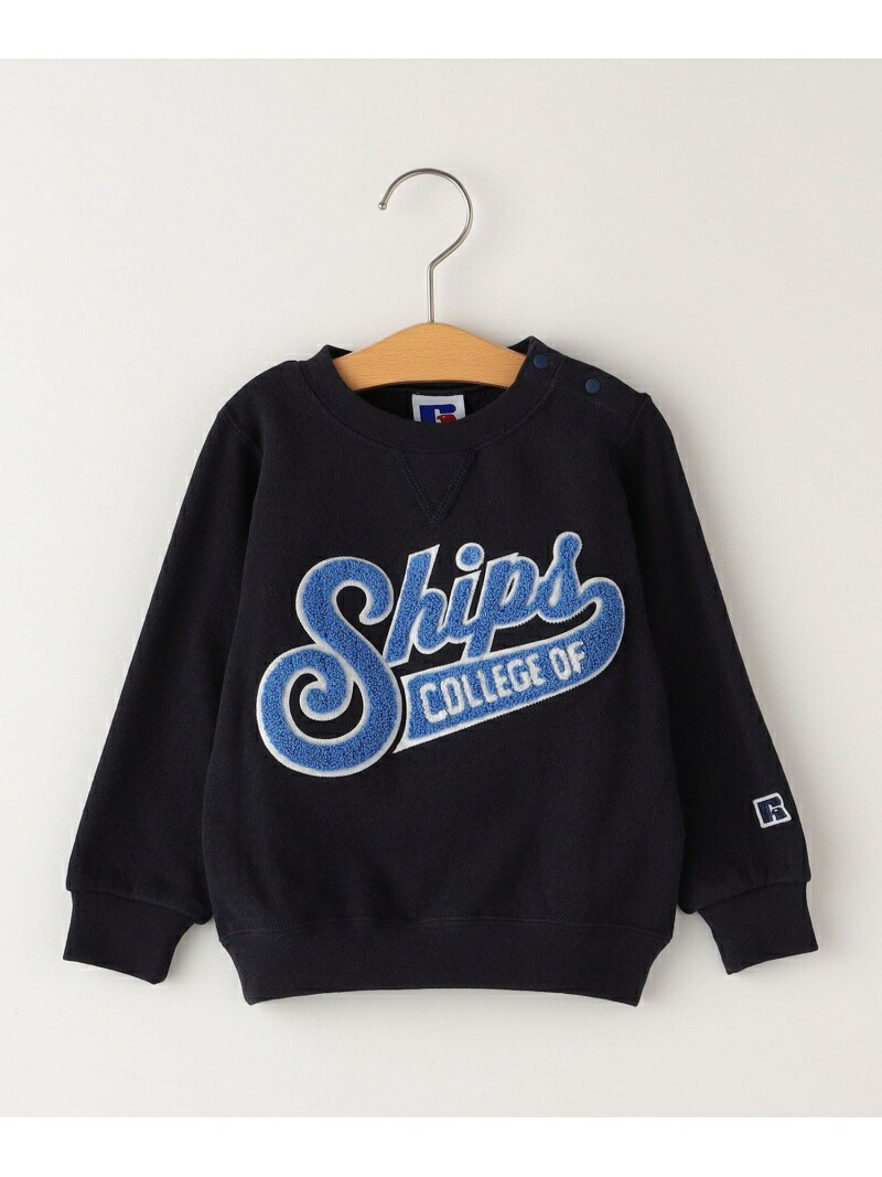 SHIPS KIDS ATHLETIC:80~90cm RUSSELL カットソー カレッジ キッズカットソー シップス スウェット ネイビー  ブラウン ロゴ 公式 RUSSELL