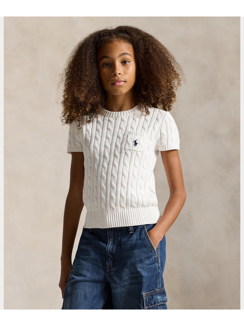 POLO RALPH LAUREN (ガールズ 7才~16才)ケーブルニット コットン ショートスリーブ セーター ラルフローレン トップス ニット ホワイト【送料無料】